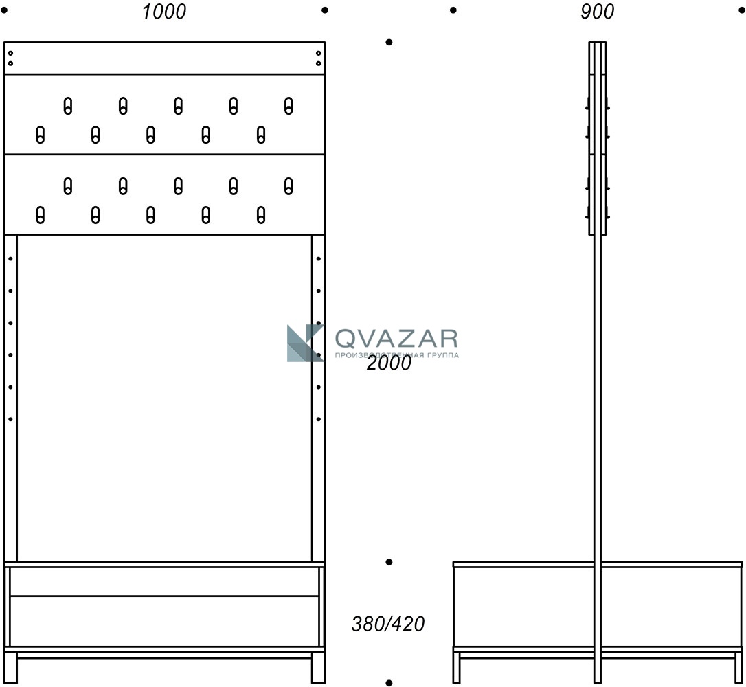Вешалка двусторонняя с тумбой для обуви на 26 мест